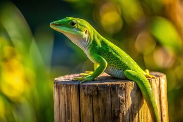 Fototapeta premium A bright green anole lizard perches on a weathered wooden fence post, its scaly skin glistening in the