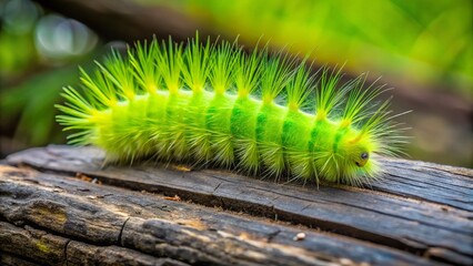 Fototapeta premium A bright green furry puss caterpillar with a distinctive tuft of hair-like setae and tiny black legs crawls
