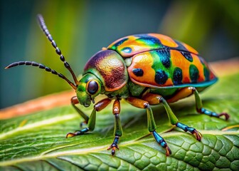 Naklejka premium A brightly colored, intricately patterned beetle perches on a delicate green leaf, its six legs grasping tightly as