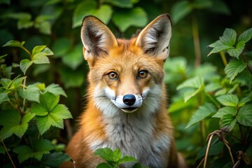 Fototapeta premium A bushy-tailed, orange-red fox with white underside, pointed ears, and piercing yellow eyes, posing in a field of