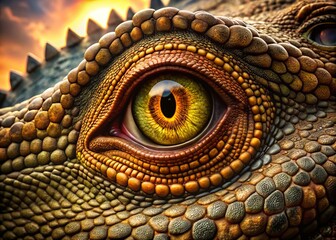 Fototapeta premium A close-up of a prehistoric dinosaur's eye, with scaly skin and a piercing gaze, surrounded by a subtle