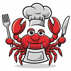 A crab holding a fork and knife, Cartoon illustration