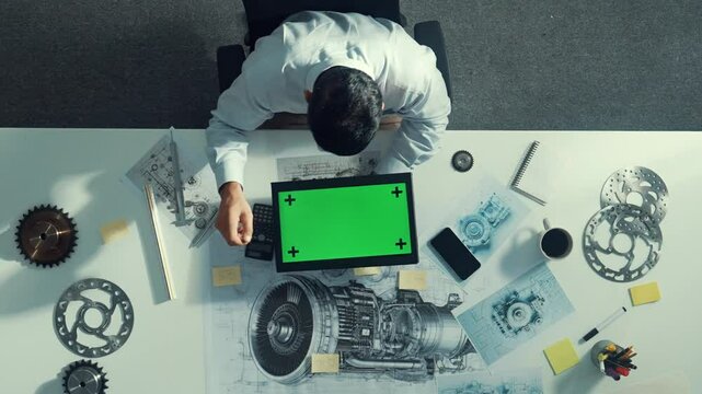 Top view of engineer looking at phone while working on tablet with green screen at meeting table with turbine engine or jet engine sketch design and various metal gear scatter around. Alimentation.