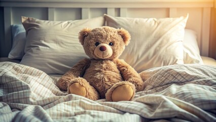 A plump teddy bear reclines on a plush bed, its furry body a warm contrast to the rumpled