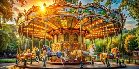 A colorful, ornate, antique carousel features intricately carved horses, swings, and other rides, set against a