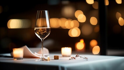 An enchanting dining experience, featuring a crystal-clear wine glass beside a soft candle glow and delicate petals, setting a romantic tone for a perfect evening together.