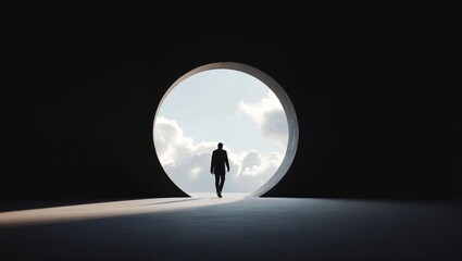 An elegant silhouette walks towards a captivating circular portal, invoking a sense of mystery and exploration amidst a backdrop of clouds and soft light.