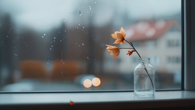 Delicate petals dance against a rainy backdrop, as amber hues glow softly through droplets on a foggy window, capturing a quiet moment of beauty and introspection.