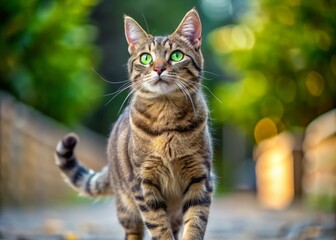 A curious feline stands upright on hind legs, tail twitching, whiskers twitching, as it peers intently into the