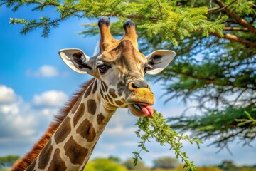 A curious giraffe extends its remarkably long, blue-black tongue, measuring up to 18-20 inches, to pluck leaves from