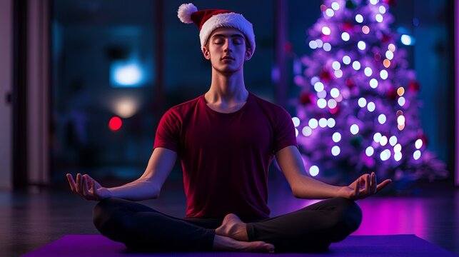  Christmas tree and lilac karimat with a young man in a santa hat in the lotus position