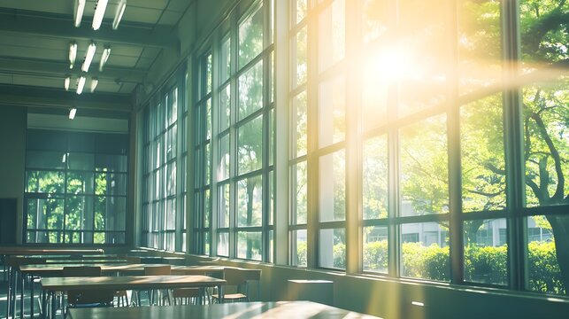 A serene classroom bathed in sunlight, featuring large windows with a view of lush greenery, ideal for educational themes.