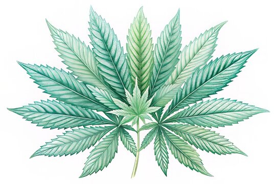 A delicate, hand-drawn illustration of a single, leafy marijuana weed plant in shades of green, with intricate details