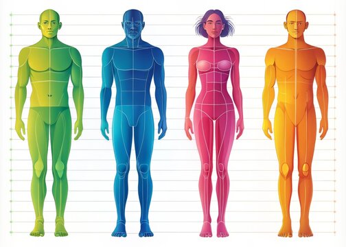 A detailed, colorful illustration depicts the human body's measurements and proportions, showcasing various body parts