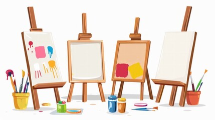 Bright cartoon art studio with easels and paints, on white background with ample copy space.