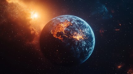 A digital rendering of Earth in space, with a bright sun shining in the background.