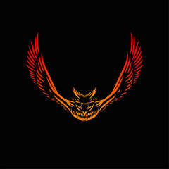 Vector illustration of owl, outline style in gradient color. Symmetrical Hand drawn