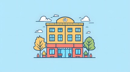 Fototapeta premium A yellow building with a red awning and outdoor seating