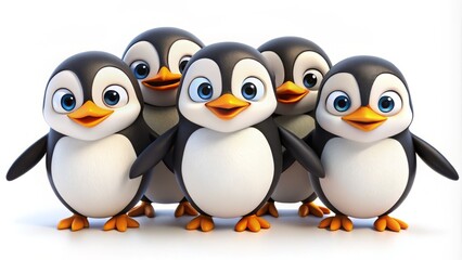 Adorable cartoon penguins in various poses, with bright eyes and endearing facial expressions, set against a minimalist