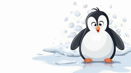 Obraz premium Cartoon penguin sliding on ice, isolated on white background with ample copy space.