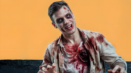 Halloween-themed zombie in a ripped shirt with vivid red and orange tones, ideal for horror-themed digital content or spooky event flyers