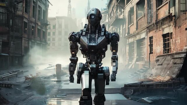 Advanced Combat Robot in Post-Apocalyptic Ruins