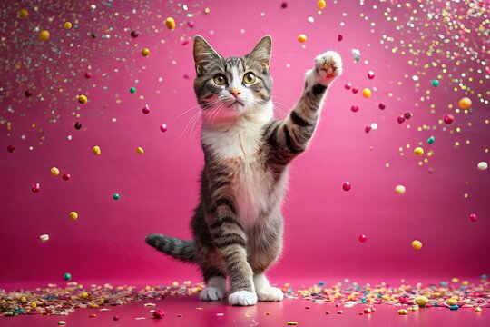 Adorable grey and white whiskered feline joyfully pirouettes on hind legs, paws waving, tail twitching, against a