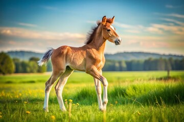 Adorable newborn foal stands unsteadily on wobbly legs, mane and tail still damp, in a lush green meadow