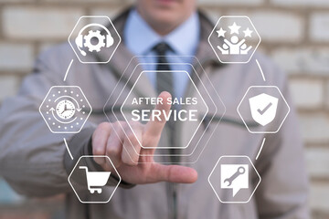 Business man working on virtual touch screen presses inscription: AFTER SALES SERVICE. Friendly...