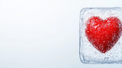 Red Heart Frozen in Ice Cube on White Background