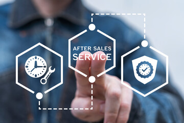 Man working on virtual touch screen presses inscription: AFTER SALES SERVICE. Friendly customer...