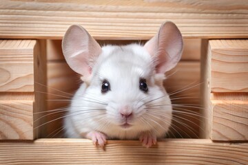 Obraz premium Adorable pink and white chinchilla with fluffy fur and big round eyes peeks out from behind a wooden
