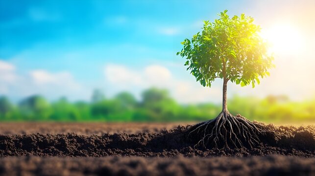 A vibrant green tree stands strong in rich soil, basking in sunlight, symbolizing growth and environmental vitality.