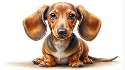 Adorable whimsical illustration of a playful dachshund dog with floppy ears, curious expression, and vibrant colors,