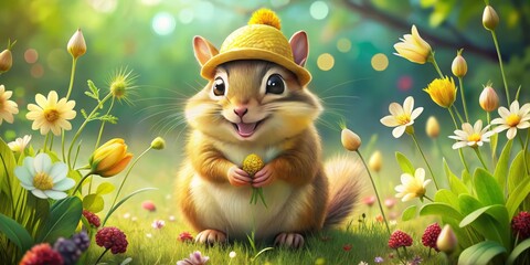 Adorable whimsical illustration of a smiling chipmunk in a bright yellow hat, holding an acorn, surrounded by lush