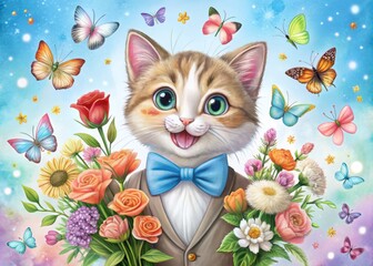 Adorable whimsical illustration of a smiling anthropomorphic cat wearing a bow tie and holding a bouquet of colorful