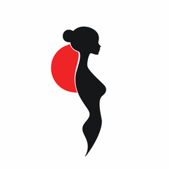 A minimalistic design featuring the silhouette of a woman's body against a white background, with a red circle behind her
