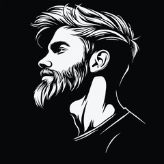Black and white vector graphic of a side profile portrait of a man with a beard and a haircut on the sides, against a solid black background
