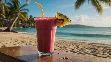 Tropical smoothie with a straw and umbrella, placed on a beachside table with waves and palm trees in the background.