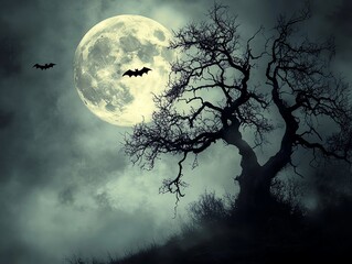 Fototapeta premium Eerie Halloween full moon, bats flying, twisted tree silhouettes, dark sky, spooky night