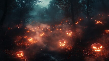 Naklejka premium Eerie Halloween mist rolling over a dark forest, glowing jackolanterns, mysterious atmosphere