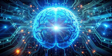 Naklejka premium A futuristic, glowing blue brain surrounded by swirling code and circuitry, representing the vast, interconnected