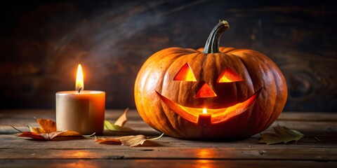 Fototapeta premium A vibrant orange pumpkin adorned with a carved face, aglow with a soft candlelight that casts a warm,