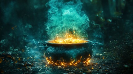 Fototapeta premium Witchs cauldron bubbling over a fire, eerie green smoke rising, dark forest background, Halloween magic