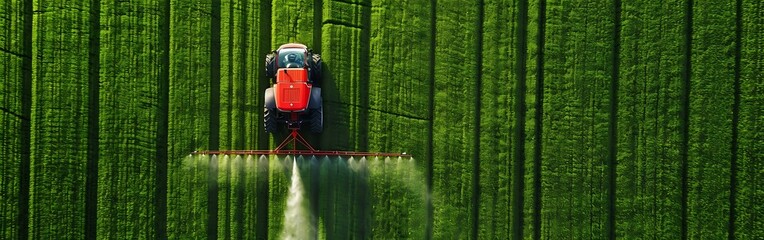 Tractor spraying pesticides on a green field.