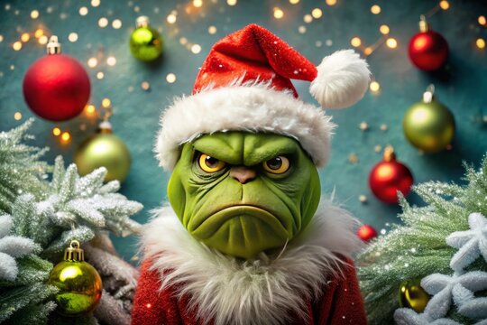 A green, grouchy creature with a scowl on its face and a Santa hat on its head, surrounded