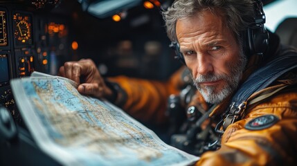 Obraz premium Pilot studying a map in an aircraft cockpit.