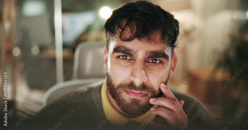 Poster Computer, face and reading with business man at desk in office for administration or research. Creative, design and development with employee it workplace at night for professional web programming