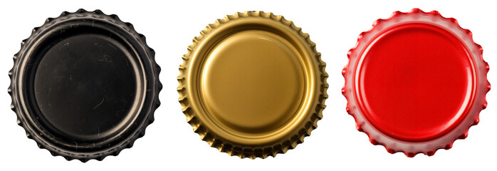 Top View To a Set of Colored beer bottle caps PNG isolated on white and transparent background - metal Bottle lids or Beverage tops for Drink sealing