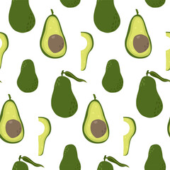 Whole and halved avocado seamless pattern. Hand drawn illustration, sketch style. Vector illustration on white background for wrapping, textile, banner, poster, organic and healthy food concept